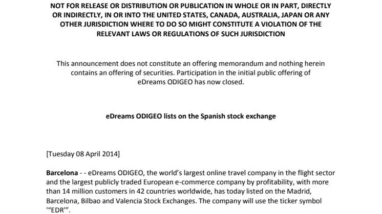 eDreams ODIGEO lists on the Spanish stock exchange