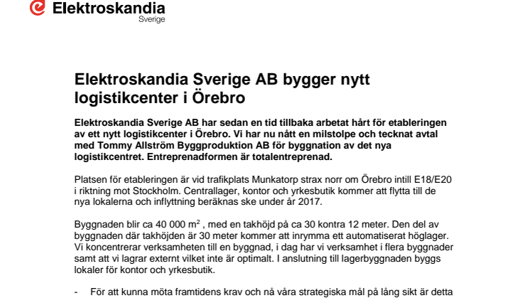 Elektroskandia Sverige AB bygger nytt logistikcenter i Örebro