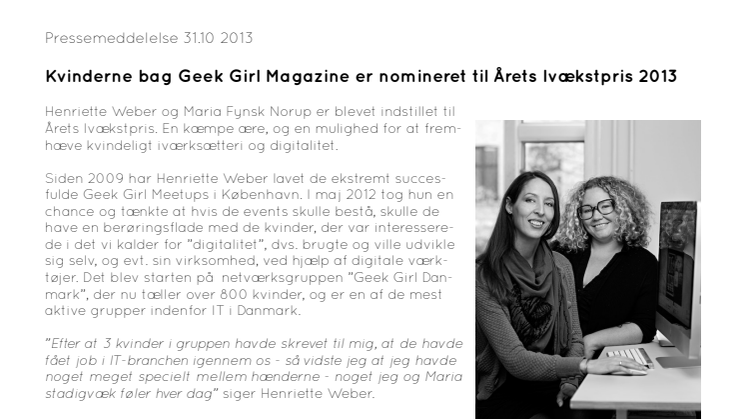 Kvinderne bag Geek Girl Magazine er nomineret til årets Ivækstpris 2013