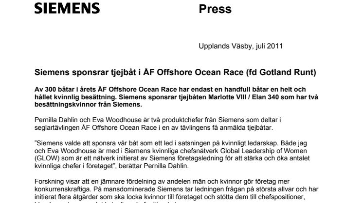 Siemens sponsrar tjejbåt i ÅF Offshore Ocean Race (fd Gotland Runt)