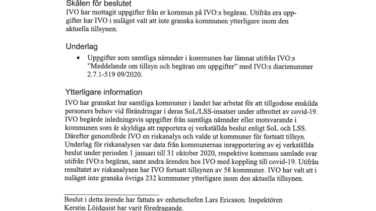 IVO-beslut om LSS-granskning i Tibro 2021-06-22