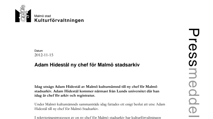 Adam Hidestål ny chef för Malmö stadsarkiv