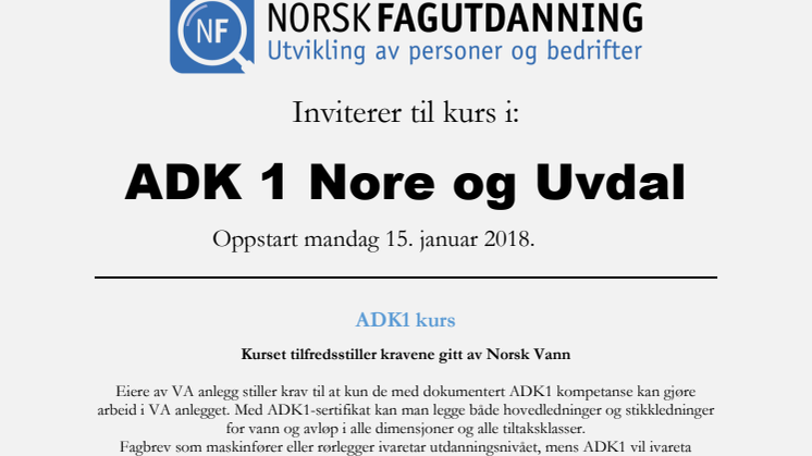 ADK 1 kurs i Nore og Uvdal - oppstart uke 3 i 2018