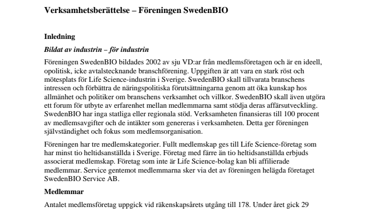 SwedenBIOs verksamhetsberättelse 2009