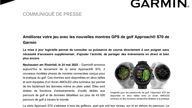 Améliorez votre jeu avec les nouvelles montres GPS de golf Approach® S70 de Garmin
