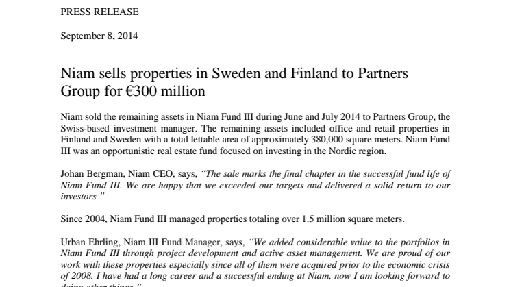 Niam sells properties in Sweden and Finland to Partners Group for €300 million