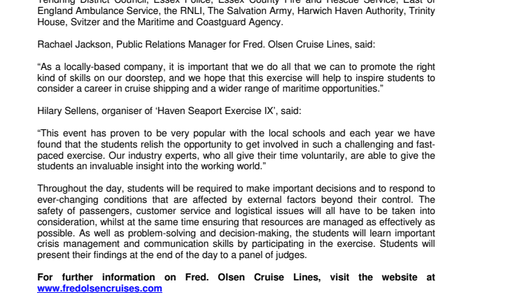 Fred. Olsen Cruise Lines gives Colchester and Tendring students an insight with ‘Haven Seaport Exercise IX’ 