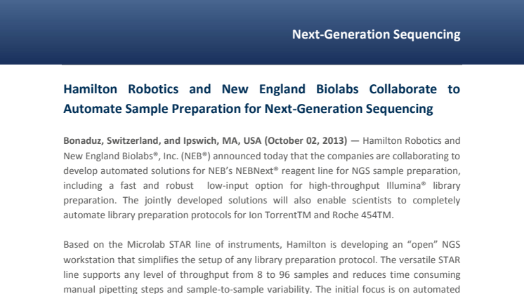 Hamilton Robotics and New England Biolabs Collaborate to Automate Sample Preparation for Next-Generation Sequencing