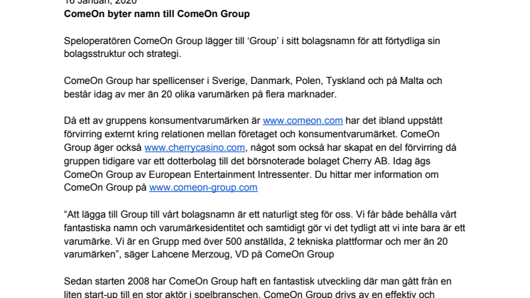 ComeOn byter namn till ComeOn Group