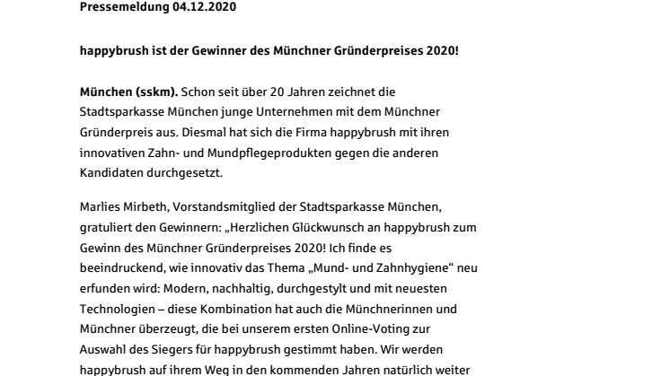 happybrush ist der Gewinner des Münchner Gründerpreises 2020!