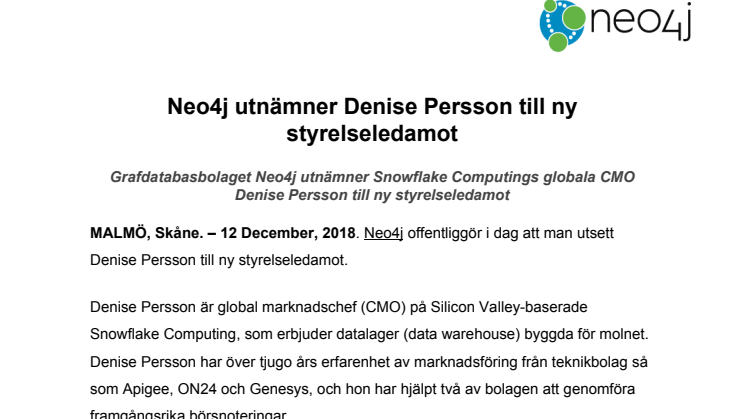 Neo4j utnämner Denise Persson till ny styrelseledamot