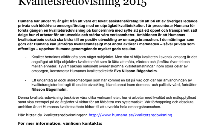 Humana presenterar Kvalitetsredovisning 2015