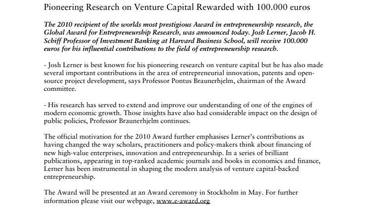 Pioneering Research on Venture Capital Rewarded with 100.000 euros 
