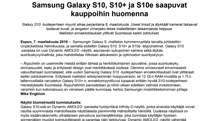 Samsung Galaxy S10, S10+ ja S10e saapuvat kauppoihin