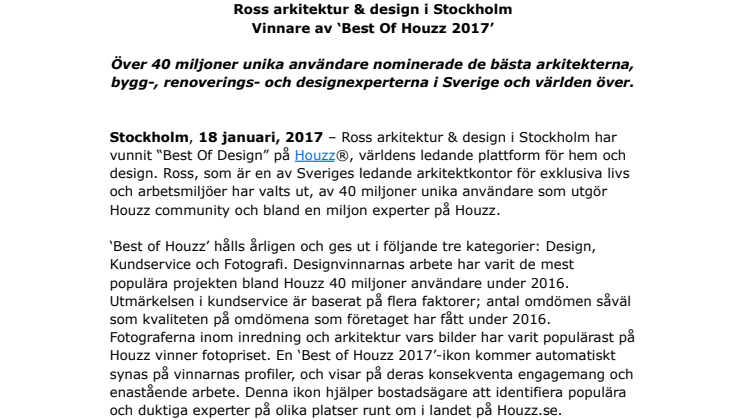 Ross arkitektur & design i Stockholm Vinnare av ‘Best Of Houzz 2017’