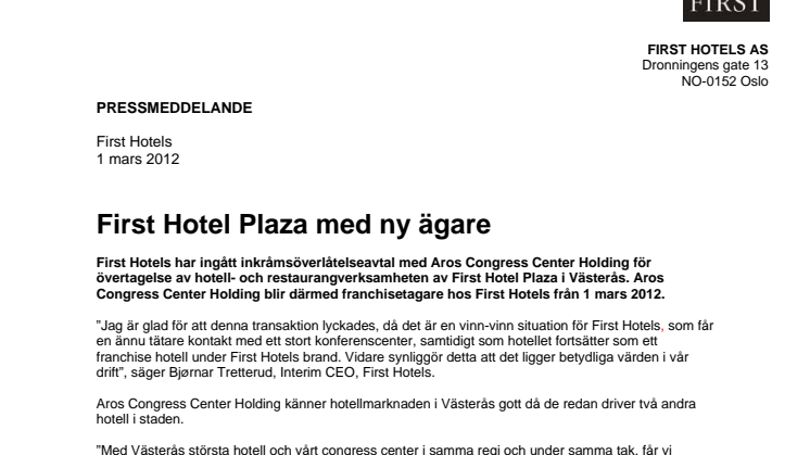 First Hotel Plaza med ny ägare
