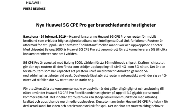 Nya Huawei 5G CPE Pro ger branschledande hastigheter 
