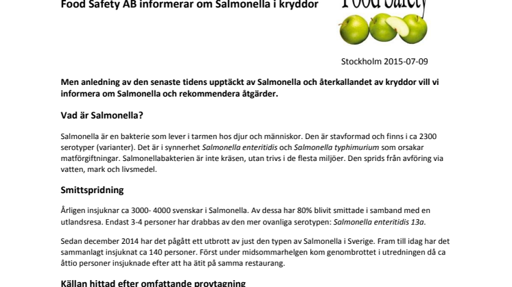 Information angående pågående utbrott av salmonella