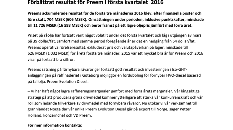 Förbättrat resultat för Preem i första kvartalet  2016