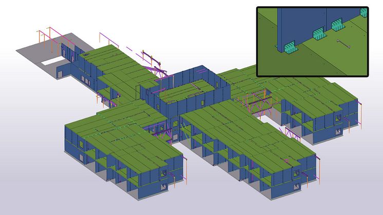 Tekla-modell över äldreboendet i Mockfjärd. Närbild på infästningarna. Bild: Structor Byggteknik Dalarna