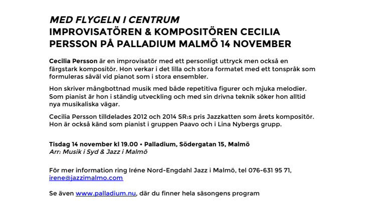 Med flygeln i centrum – Cecilia Persson på Palladium Malmö 14 november