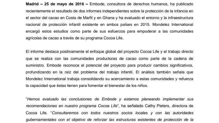 Mondelez refuerza su compromiso en contra del trabajo infantil  en la producción de cacao a través de su proyecto Cocoa Life
