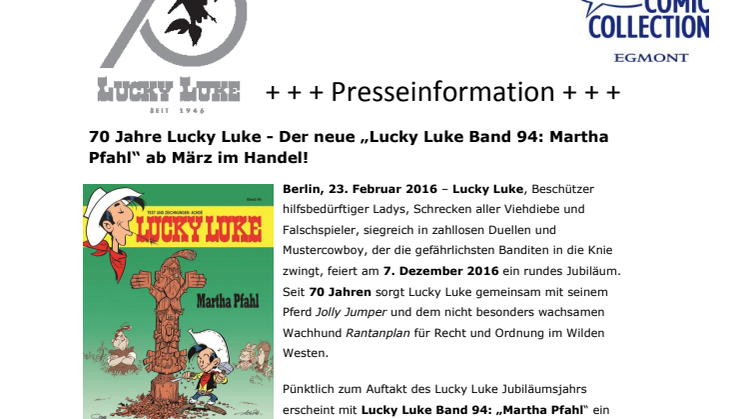 70 Jahre Lucky Luke - Der neue „Lucky Luke Band 94: Martha Pfahl“ ab März im Handel!