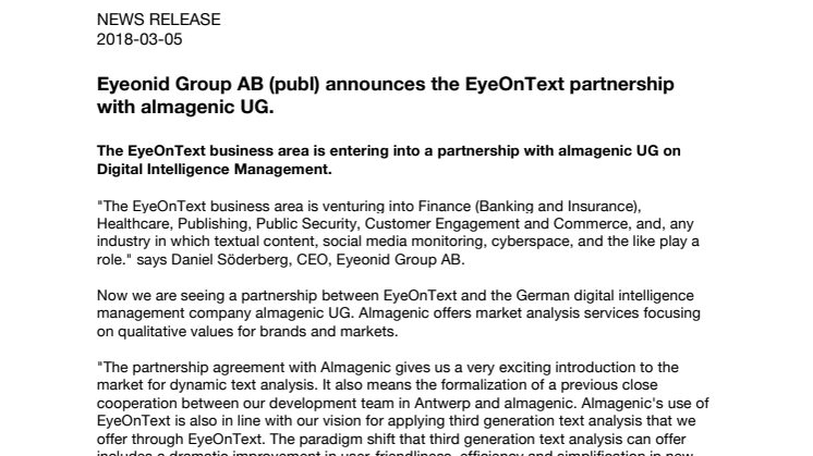 Eyeonid Group AB (publ) announces the EyeOnText partnership with almagenic UG