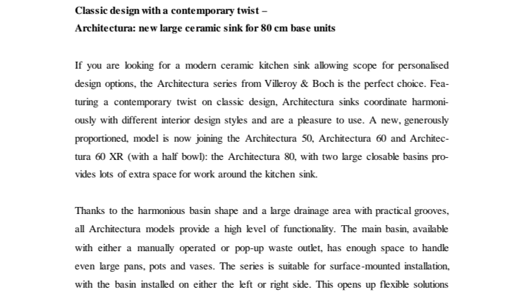 Classic design with a contemporary twist – Architectura: new large ceramic sink for 80 cm base units