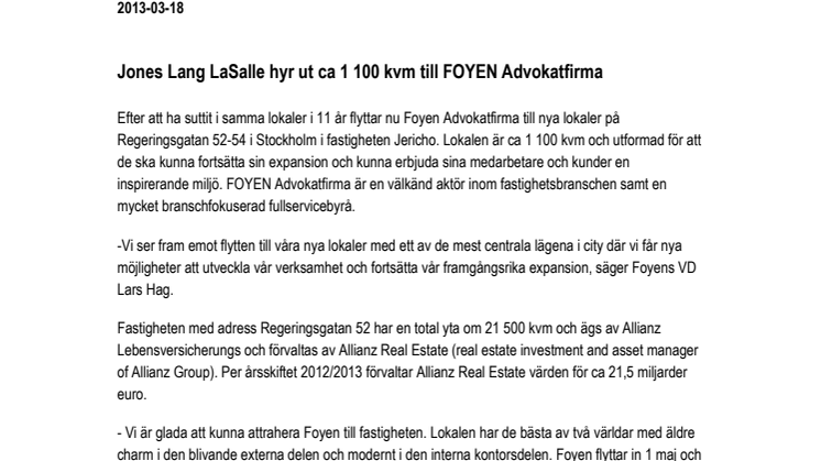 Jones Lang LaSalle hyr ut ca 1 100 kvm till FOYEN Advokatfirma 