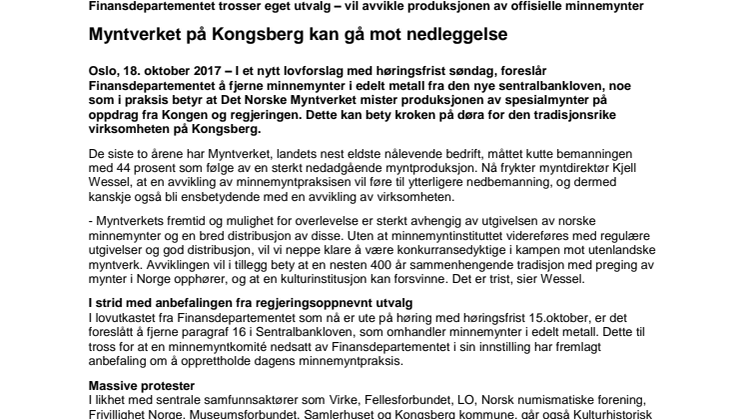 Myntverket på Kongsberg kan gå mot nedleggelse