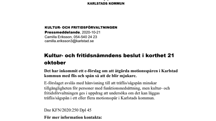 Kultur- och fritidsnämndens beslut i korthet 21 oktober