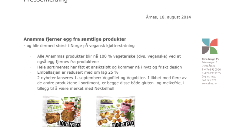 Anamma fjerner egg fra samtlige produkter -  og blir dermed størst i Norge på vegansk kjøtterstatning