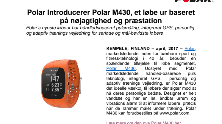 Polar Introducerer Polar M430, et løbe ur baseret på nøjagtighed og præstation