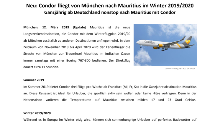 Neu: Condor fliegt von München nach Mauritius im Winter 2019/2020