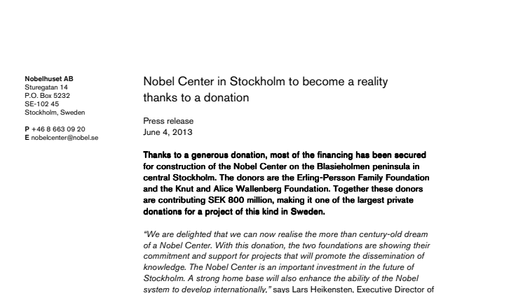 Nobel Center in Stockholm to become a reality thanks to a donation