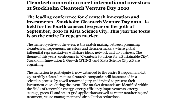 Cleantech innovation meet international investors at Stockholm Cleantech Venture Day 2010