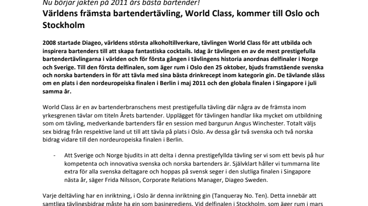 Världens främsta bartendertävling, World Class, kommer till Oslo och Stockholm 