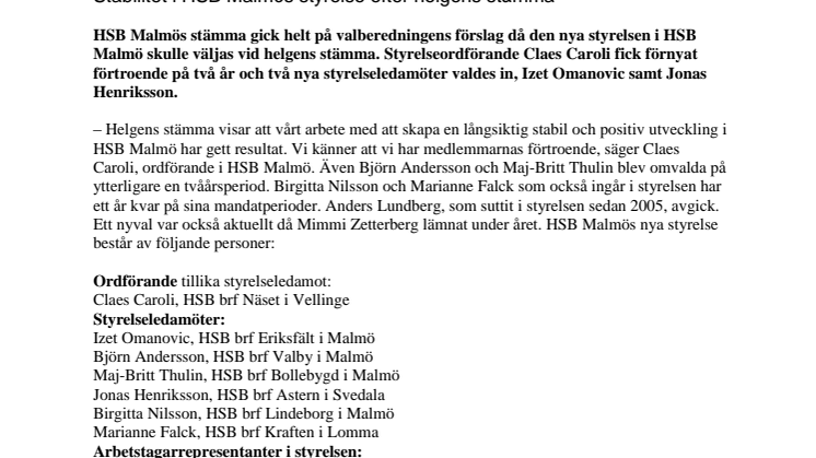 Stabilitet i HSB Malmös styrelse efter helgens stämma