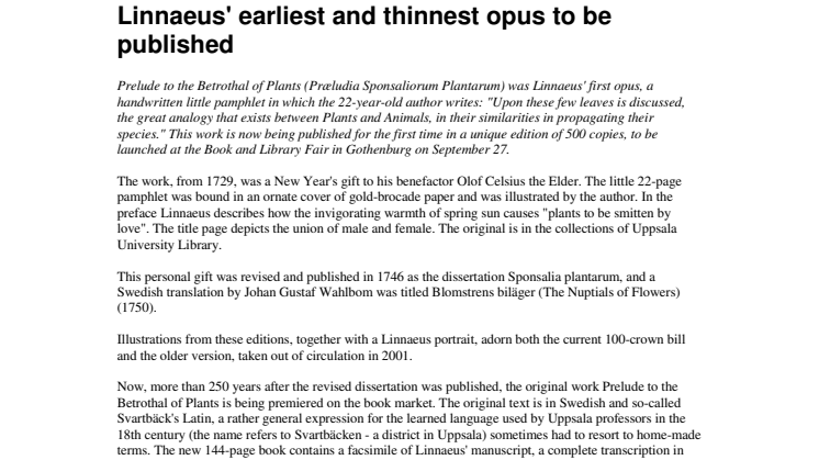 Linnaeus' earliest and thinnest opus to be published
