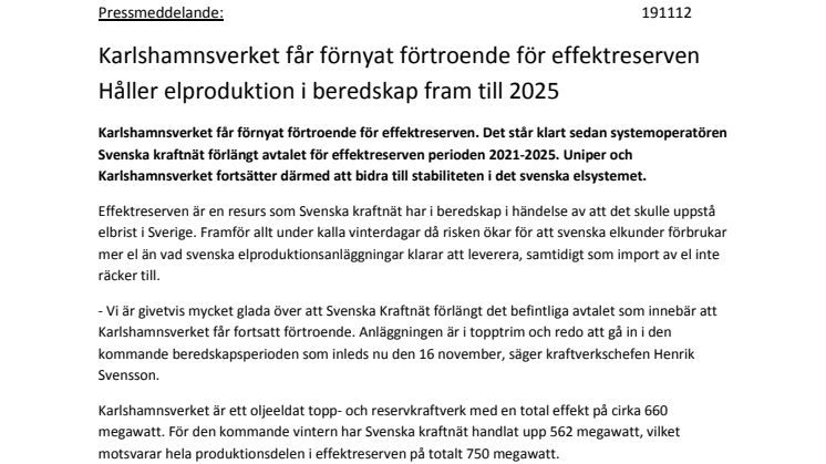 Karlshamnsverket får förnyat förtroende för effektreserven fram till 2025 