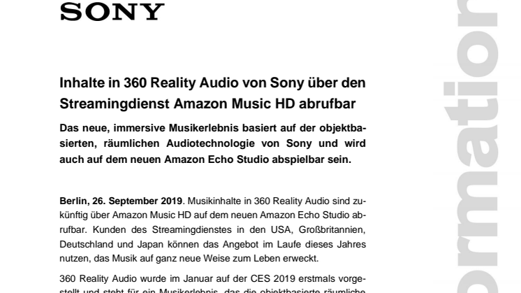 Inhalte in 360 Reality Audio von Sony über den Streamingdienst Amazon Music HD abrufbar 