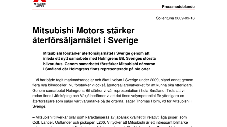 Mitsubishi Motors stärker återförsäljarnätet i Sverige