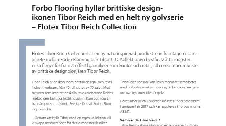 Forbo Flooring hyllar brittiske design-ikonen Tibor Reich med en helt ny golvserie – Flotex Tibor Reich Collection