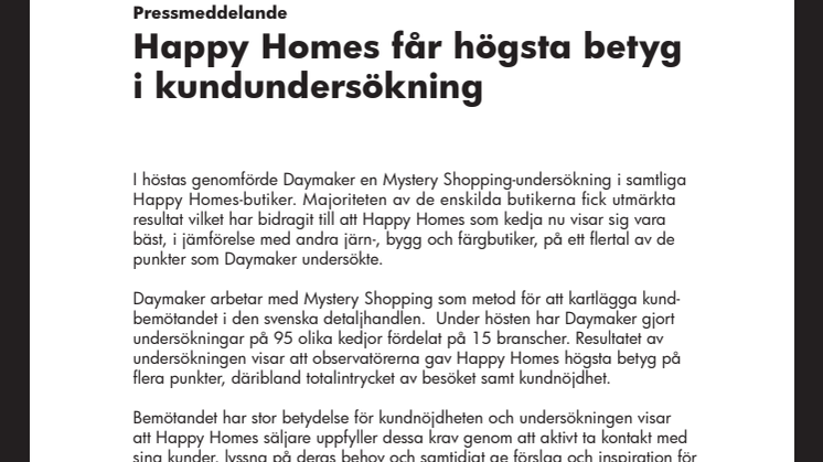 Happy Homes får högsta betyg i kundundersökning 