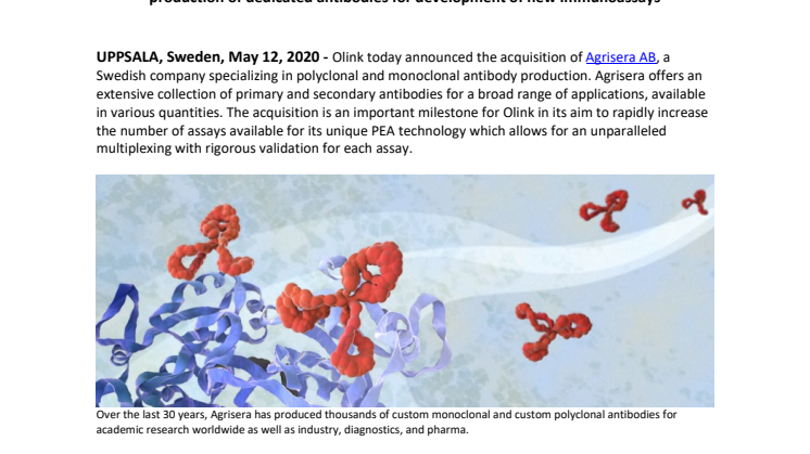 Olink Proteomics AB announce strategic acquisition of Agrisera AB to accelerate production of dedicated antibodies for development of new immunoassays 