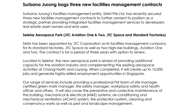 Surbana Jurong bags three new facilities management contracts