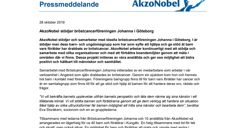 AkzoNobel stödjer bröstcancerföreningen Johanna i Göteborg 