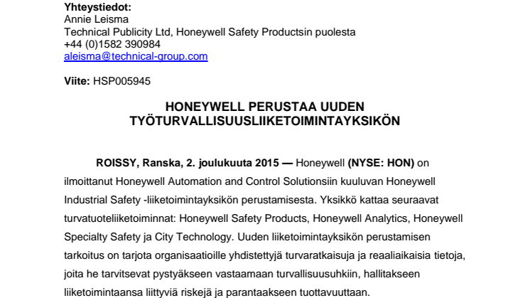Honeywell perustaa uuden työturvallisuusliiketoimintayksikön