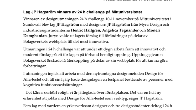 Lag JP Hagström vinnare av 24 h challenge på Mittuniversitetet! 
